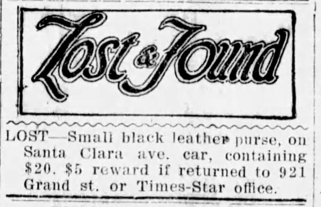 Alameda Post - a clipping from the Lost and Found section of a newspaper