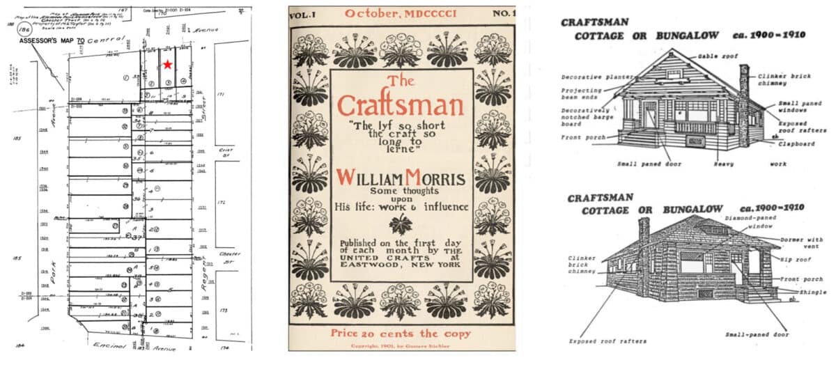 Alameda Post, a photo of an Assessor's Map indicating where 2450 Central Avenue is, a photo of the front of The Craftsman magazine, and a diagram of a craftsman house