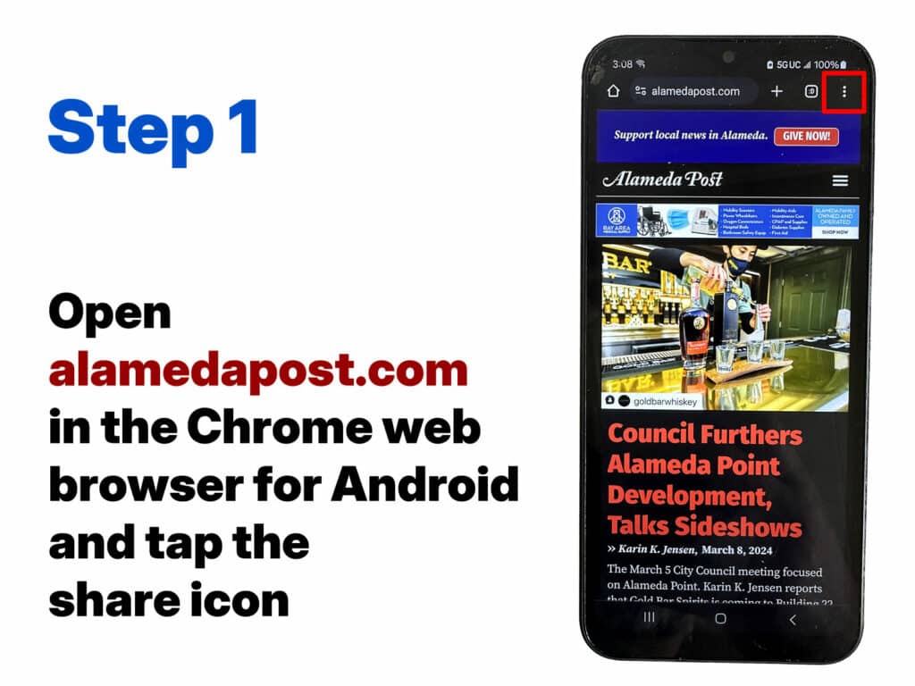 Alameda Post - Step one adding website to Android home screen.
