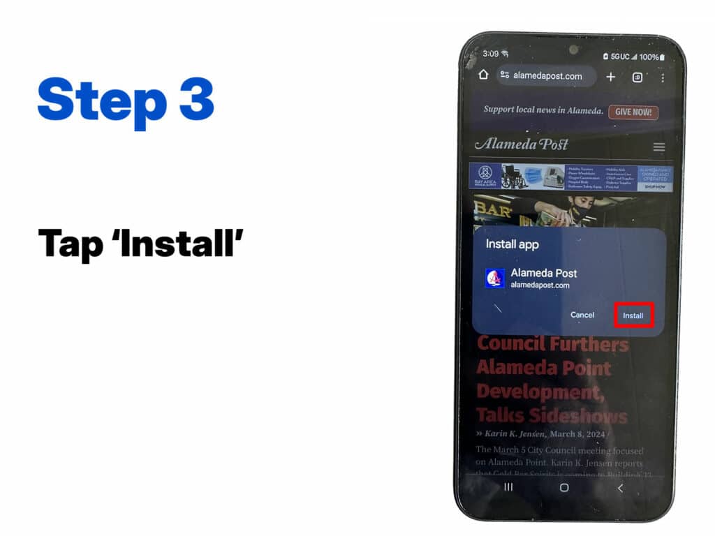 Alameda Post - Step three adding website to Android home screen.