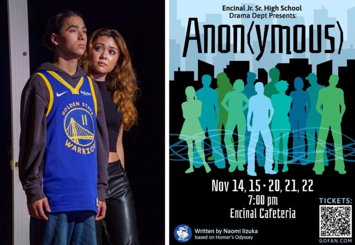 Alameda Post - The poster for Anon(ymous) and a photo of two actors. One is wearing a Warriors jersey 