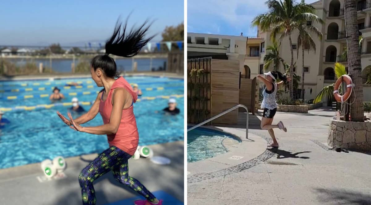Alameda Post - a woman standing on the edge of a pool teaching water exercise 