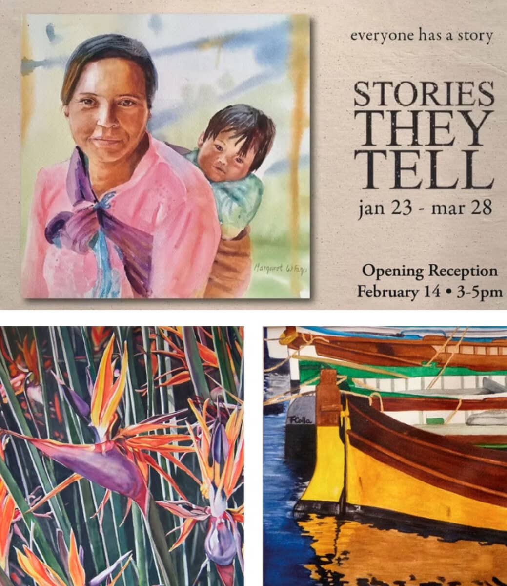 Alameda Post - A poster for Stories They Tell at Frank Bette and two other watercolor paintings. 