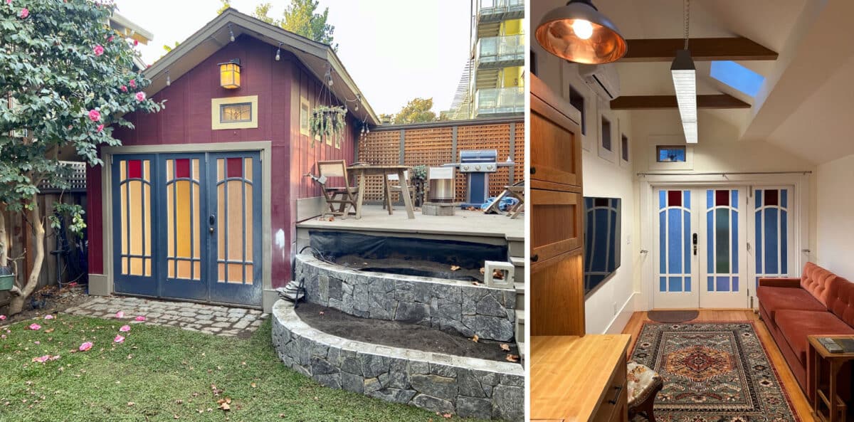 Alameda Post - a photo of a quaint painted shed in a backyard and a photo of a small indoor room with a desk, couch, and pretty wood details. The room is clean and well lit.
