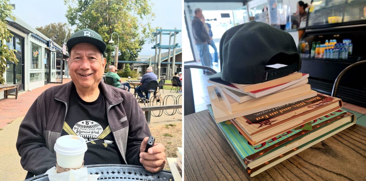 Alameda Post - In one photo, Bill Raimondi smiles at the camera. He is sitting outside with a cup of coffee. In another photo, a baseball hat sits on a stack of books.