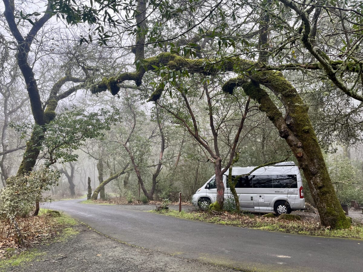 Alameda Post - A camper van at a campground in the woods.