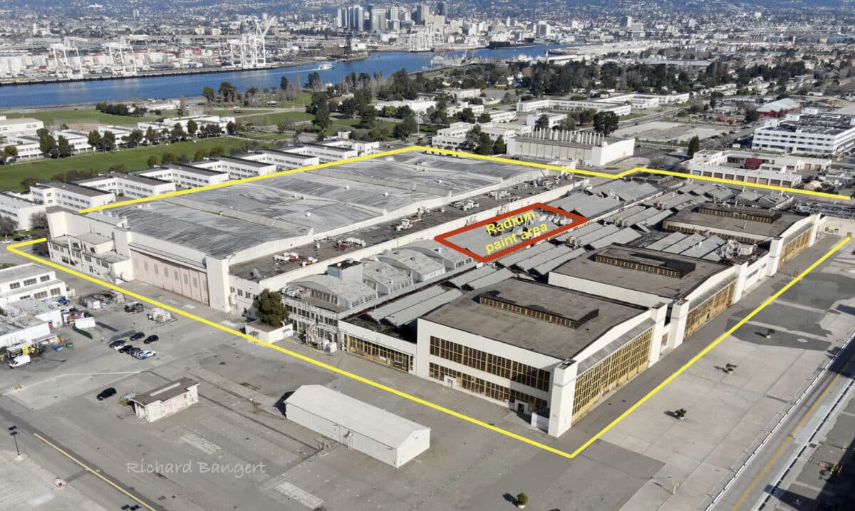 Alameda Post - An aerial view of an Alameda Point building with an outline to show where the radium paint shop was.