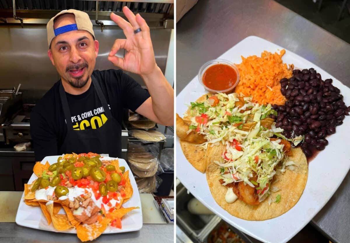 Alameda Post - A man serves a plate of Mexican food and gives the "ok" sign. 