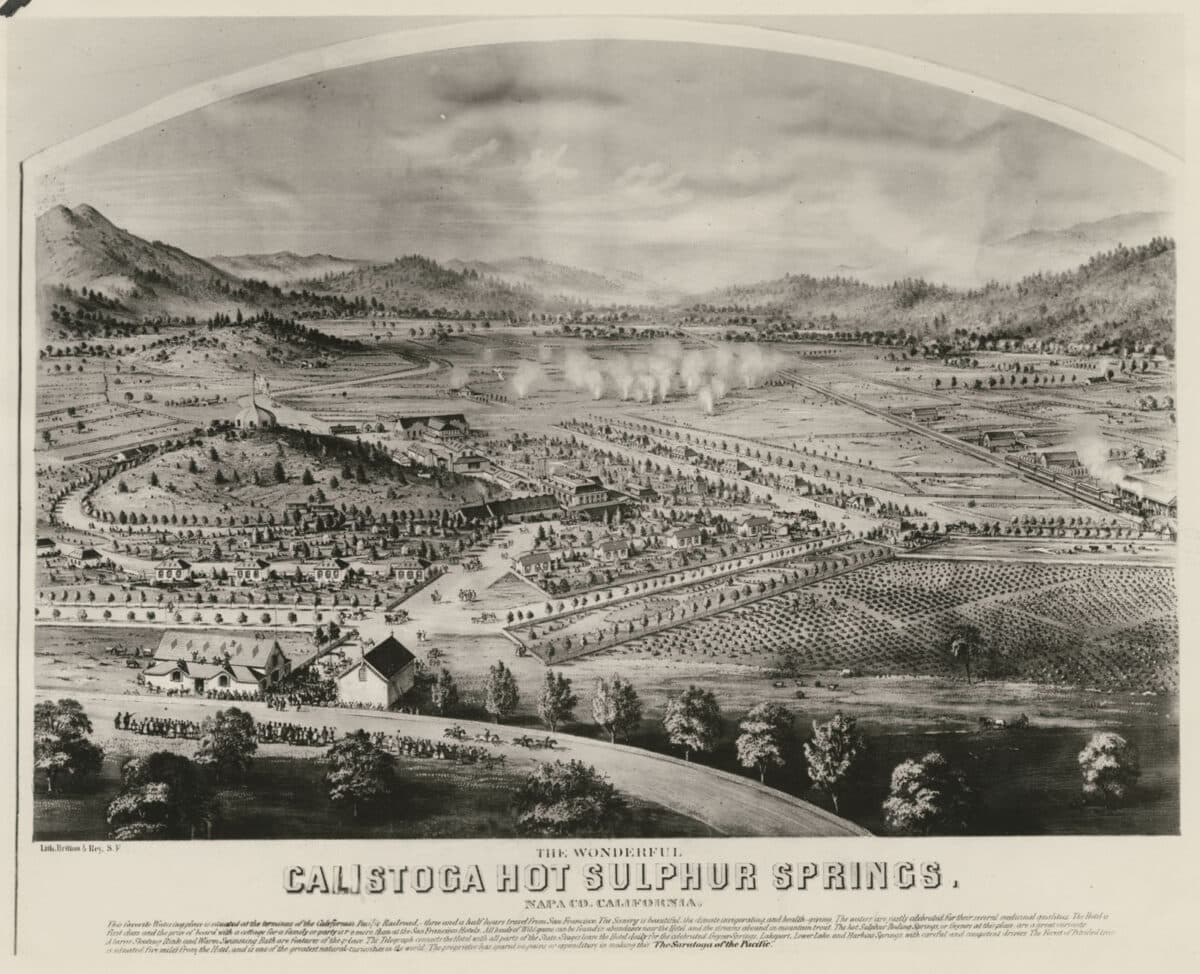 Alameda Post - a lithograph of Brannan's Calistoga hot springs. 