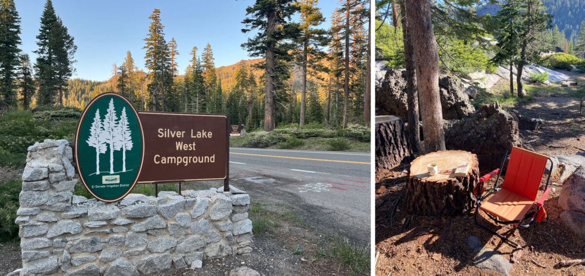 Alameda Post - the sign in front of Silver lake West Campground, and a photo of a camp chair next to a stump which is acting as a table for a cup of coffee and a book