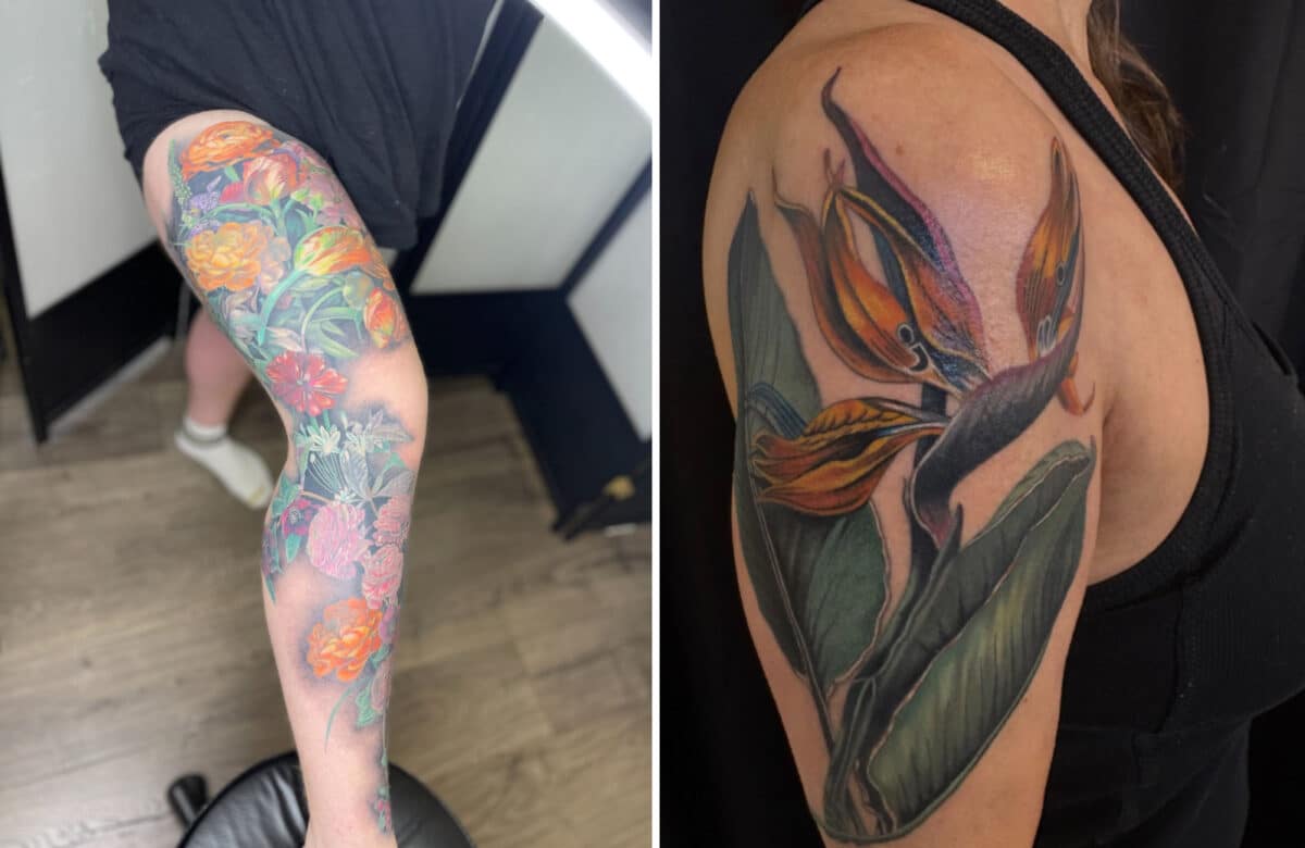 Alameda Post - A leg sleeve of flowers and a bird of paradise tattoo on someone's arm.