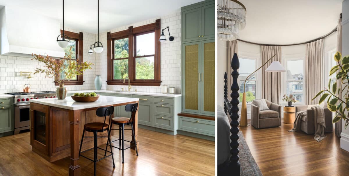 Alameda Post - brightly lit photos of a remodeled kitchen and a rounded portion of a bedroom. Beautiful woodwork and craftsmanship are apparent throughout, with old details and new touches.