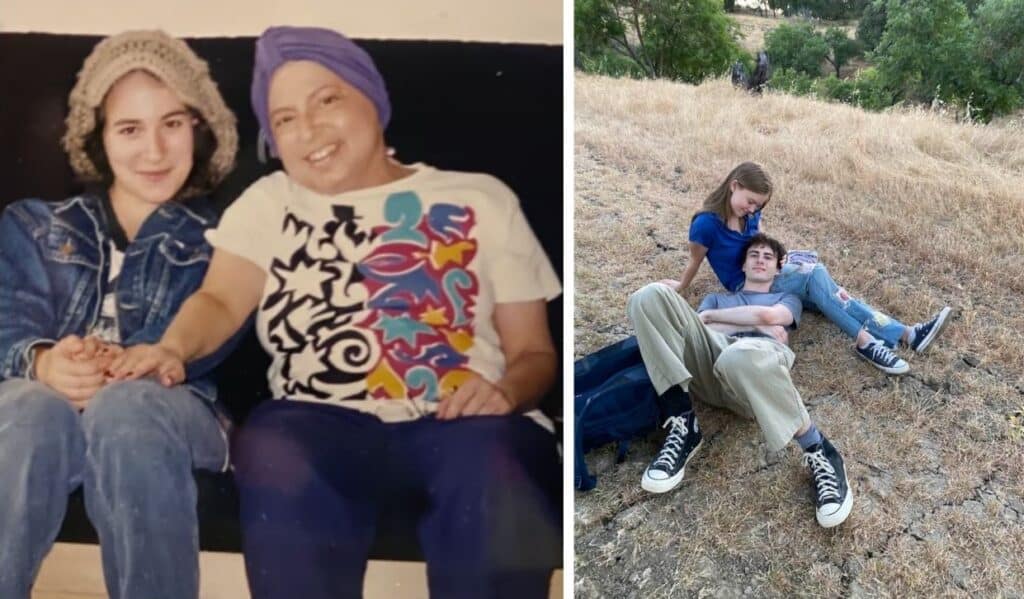 Alameda Post - a photo of a teenager and mom sitting together, and a photo of a boy resting his head on a girl