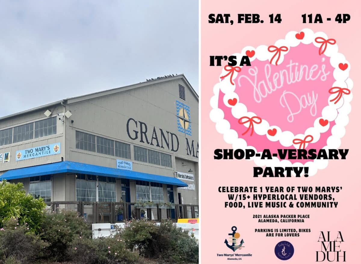 Alameda Post - A photo of the exterior of the Grand Marina building, and a poster for the Two Marys' Mercantile anniversary party. 
