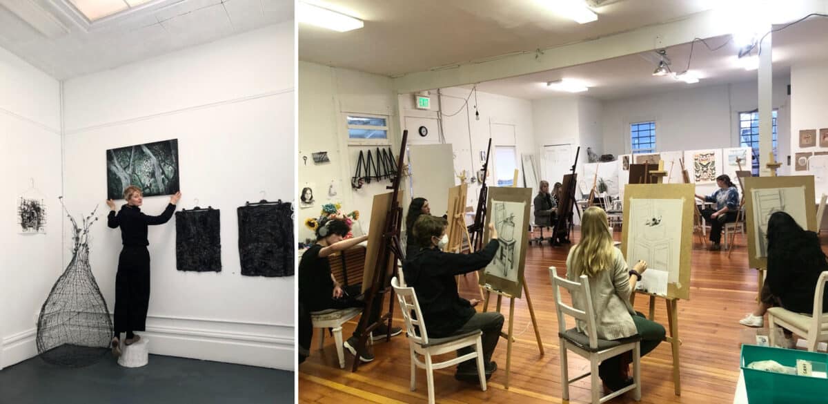 Alameda Post - Anita Sulimanovic hangs artwork. In another photo, an art class works at easels. 
