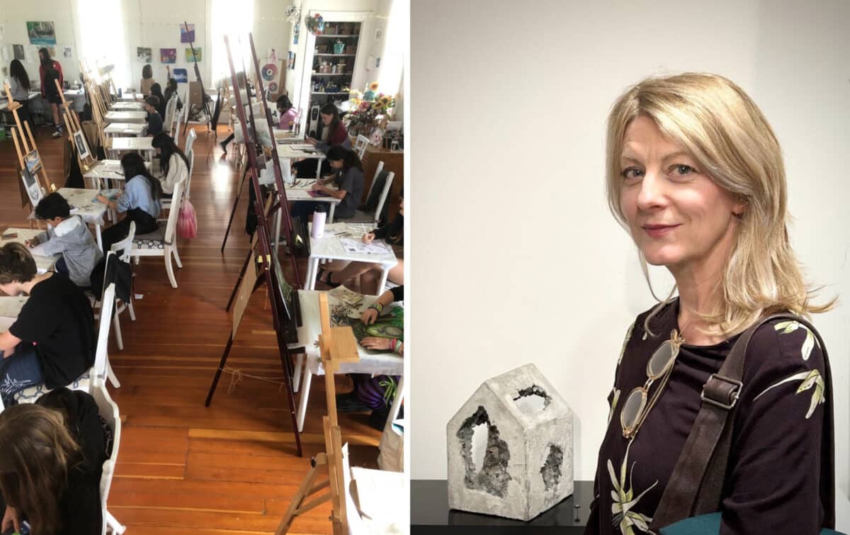 Alameda Post - A photo of students at an art class, and a photo of Anita Sulimanovic next to a sculpture. 