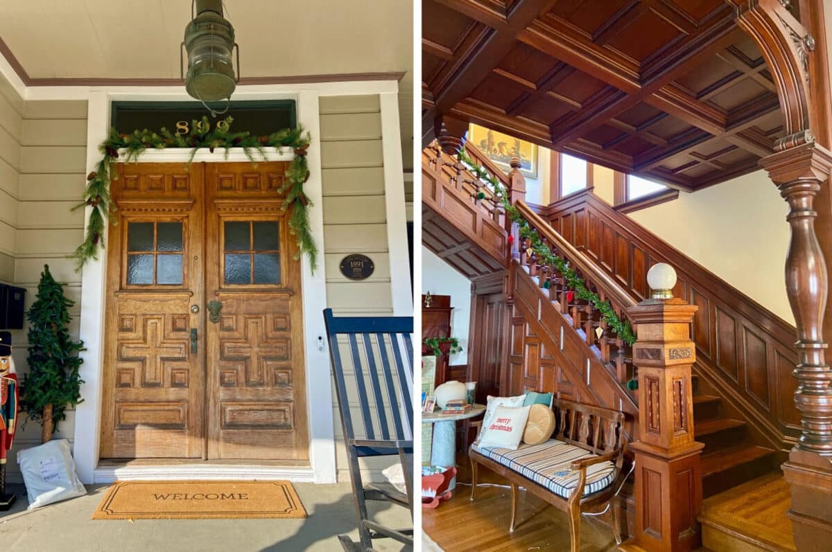 Alameda Post - the beautiful carved wooden front door and grand wooden staircase at 899 Union Street