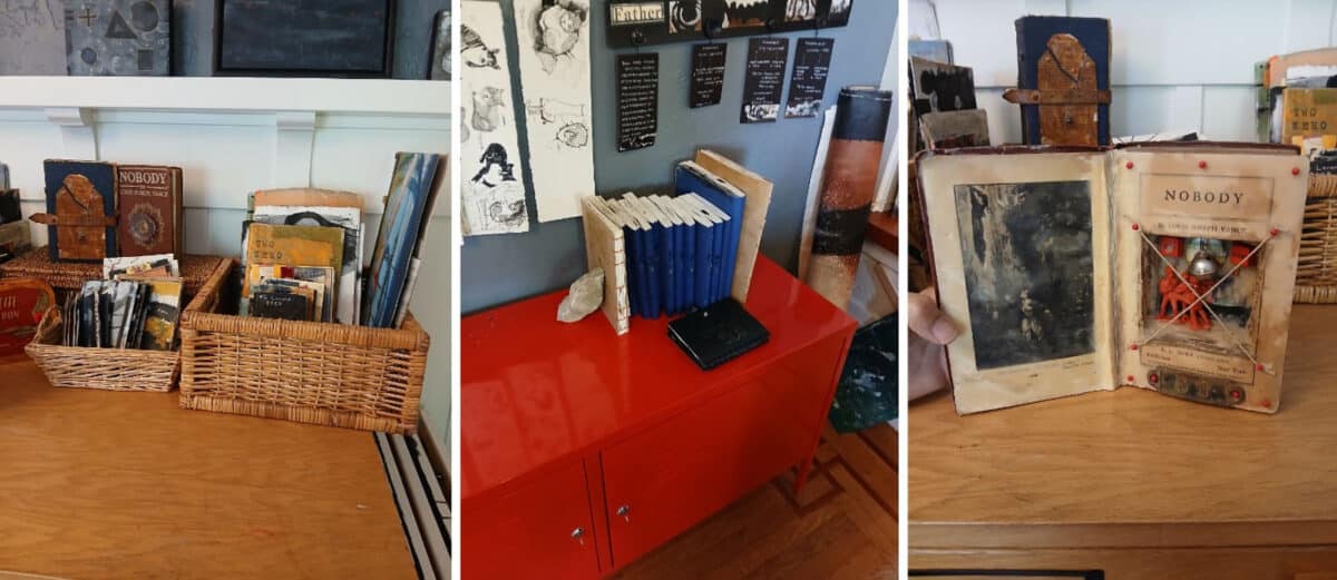 Alameda Post - books, baskets of supplies, and multimedia art in a studio space