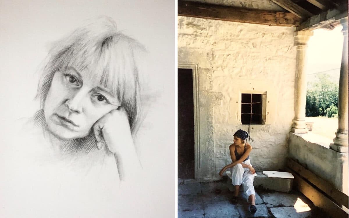 Alameda Post - A sketch of a self portrait, and a photo of a young woman outside a small stone church. 