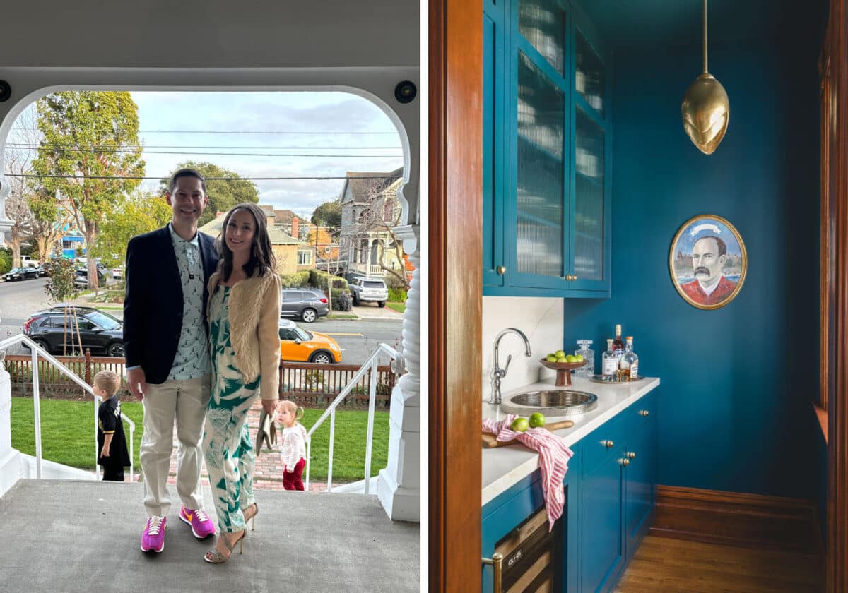 Alameda Post - a photo of a couple standing on the porch of a house, with two young children in the background, and a photo of a butler's pantry with a portrait on the wall of a man