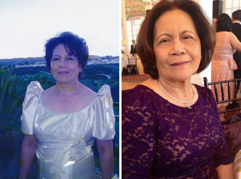 Alameda Post - Teresita "Tita" De Leon in two photos, one in a white gown, and another in a dark purple lace dress
