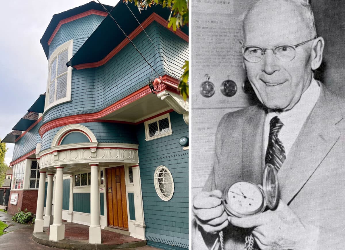 Alameda Post - An entrance into 1724 Santa Clara Avenue and a black and white photo of a man in glasses and a suit.