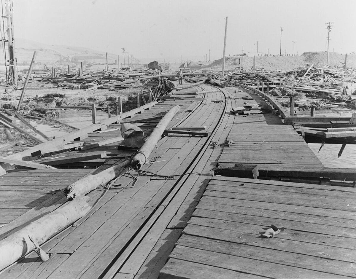 Alameda Post - A pier with lots of wooden debris. 