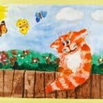 Alameda Post - a child's painting of a smiling cat sitting on a fence watching butterflies