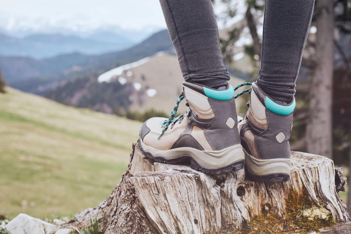 Alameda Post - A person wearing hiking boots stands on a stump and looks out at the scenery. Only their calves and feet are visible. 
