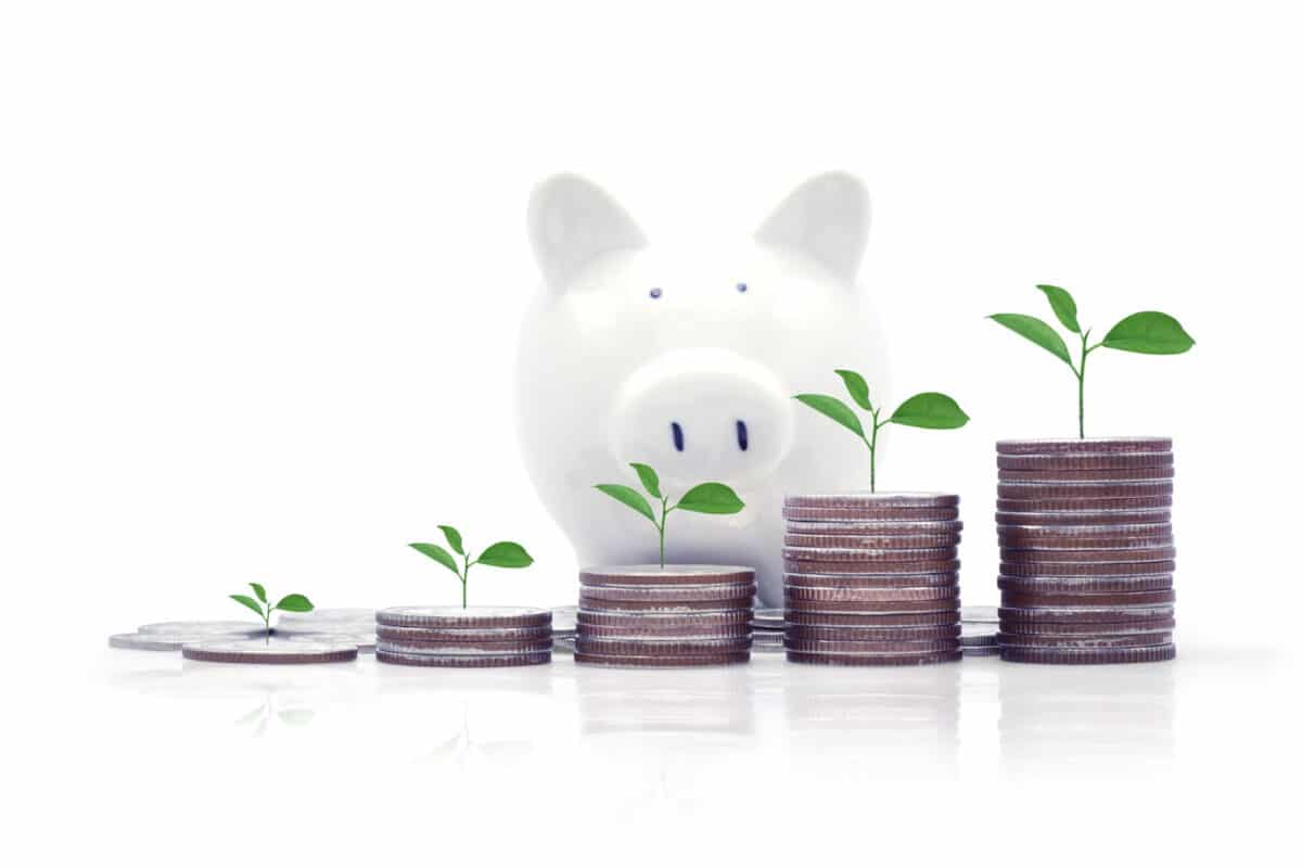Alameda Post - a piggy bank, stacks of coins, and small green seedlings