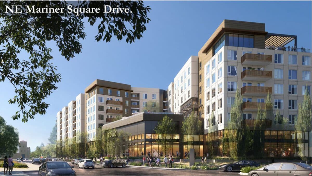 Alameda Post - a render of a large 8 story apartment building considered for 2433 Mariner Square Loop