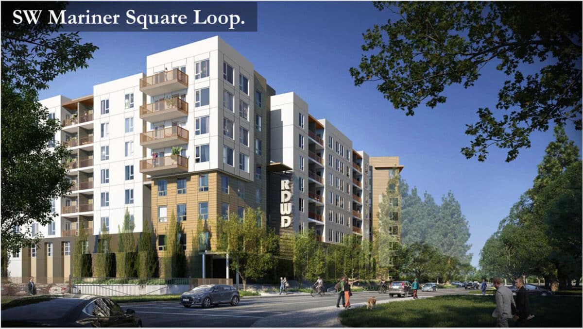 Alameda Post - a render of a large 8 story apartment building considered for 2433 Mariner Square Loop