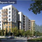 Alameda Post - a render of a large 8 story apartment building considered for 2433 Mariner Square Loop