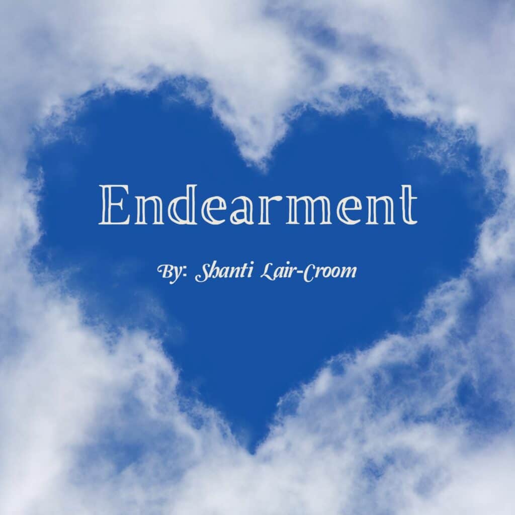 Alameda Post - a graphic that says "Endearment by Shanti Lair-Croom". The words are against a blue sky background with a heart made of clouds around them. 
