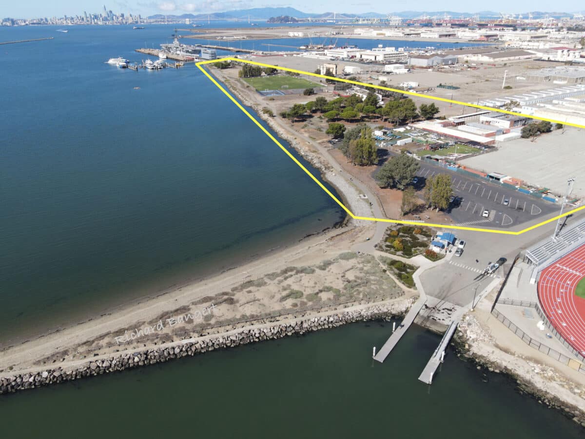 Alameda Post - An aerial photo of Alameda Point with an annotated area indicating where the surf park might be.