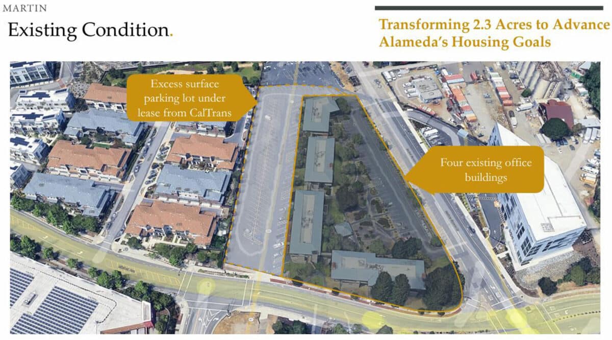 Alameda Post - a map of 2433 Mariner Square Loop that indicates a plot of land for the new apartments in place of four existing office buildings