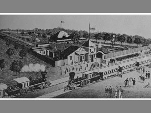 Alameda Post - a black and white lithograph of a train taking passengers to Schuetzen Park