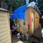 Alameda Post - a shed in a yard with a blue tarp covering it