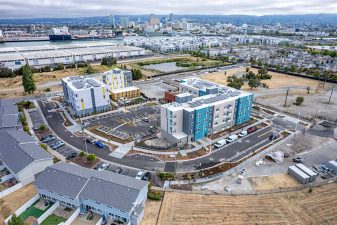 Alameda Post - An aerial photo of two new housing complexes in Alameda.