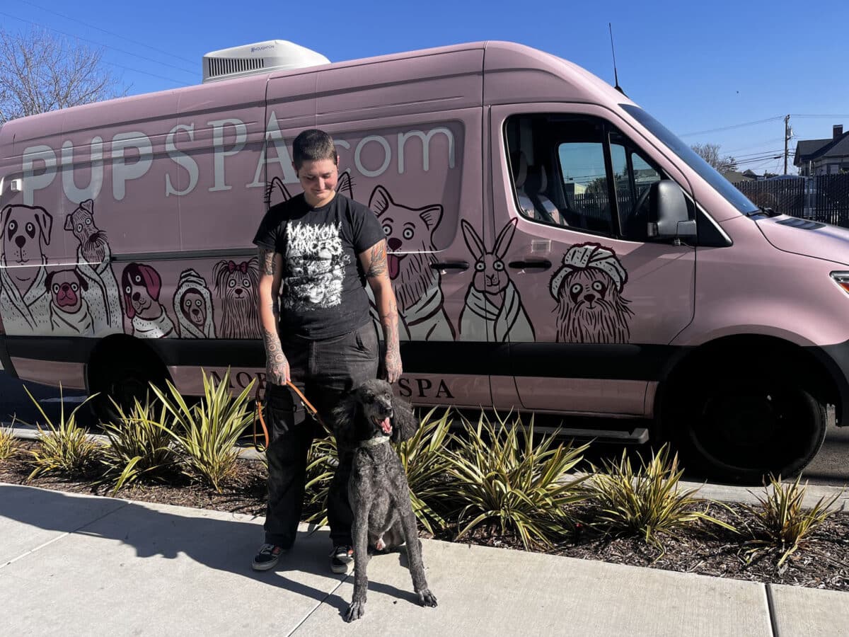 Alameda Post - A person stands with the leash of a freshly groomed black poodle in front of a mobile grooming service van. 