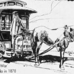 Alameda Post - an old black and white drawing of a railroad horsecar. It looks like a railcar, but it's pulled by a single horse. It says "A Horsecar Railroad 'War' Startled Quiet Alameda in 1878."
