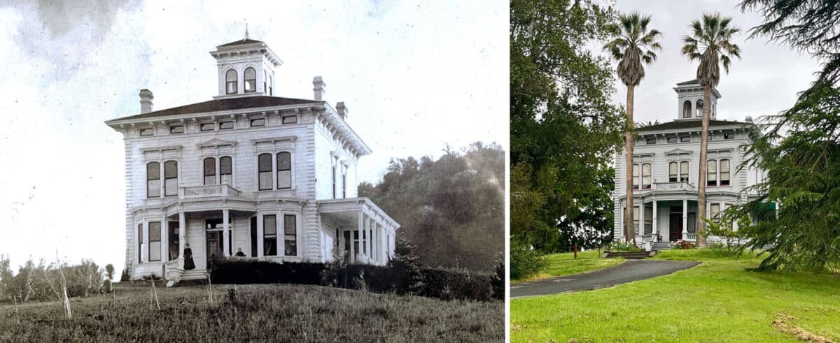 Alameda Post - an historic and modern photo of the John Muir house. it's large, multiple stories, and white. It remains relatively unchanged over time.