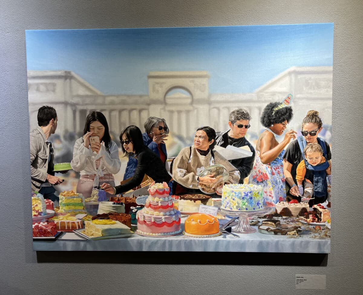 Alameda Post - A very realistic painting of a group of people gathered around a table full of cakes. 