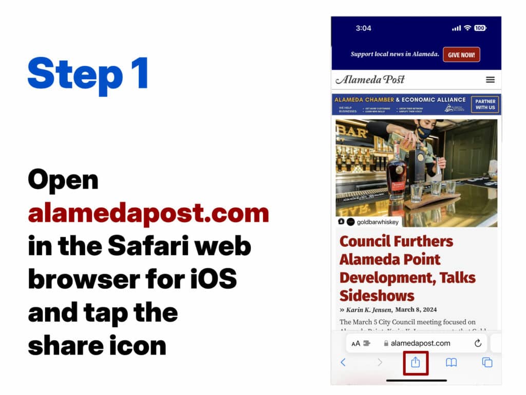 Alameda Post - Step one adding website to smartphone home screen. 