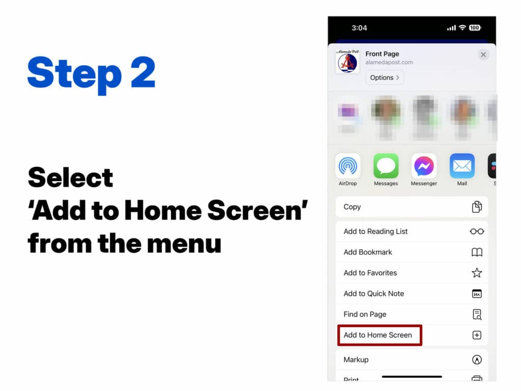 Alameda Post - Step two adding website to iPhone home screen. 