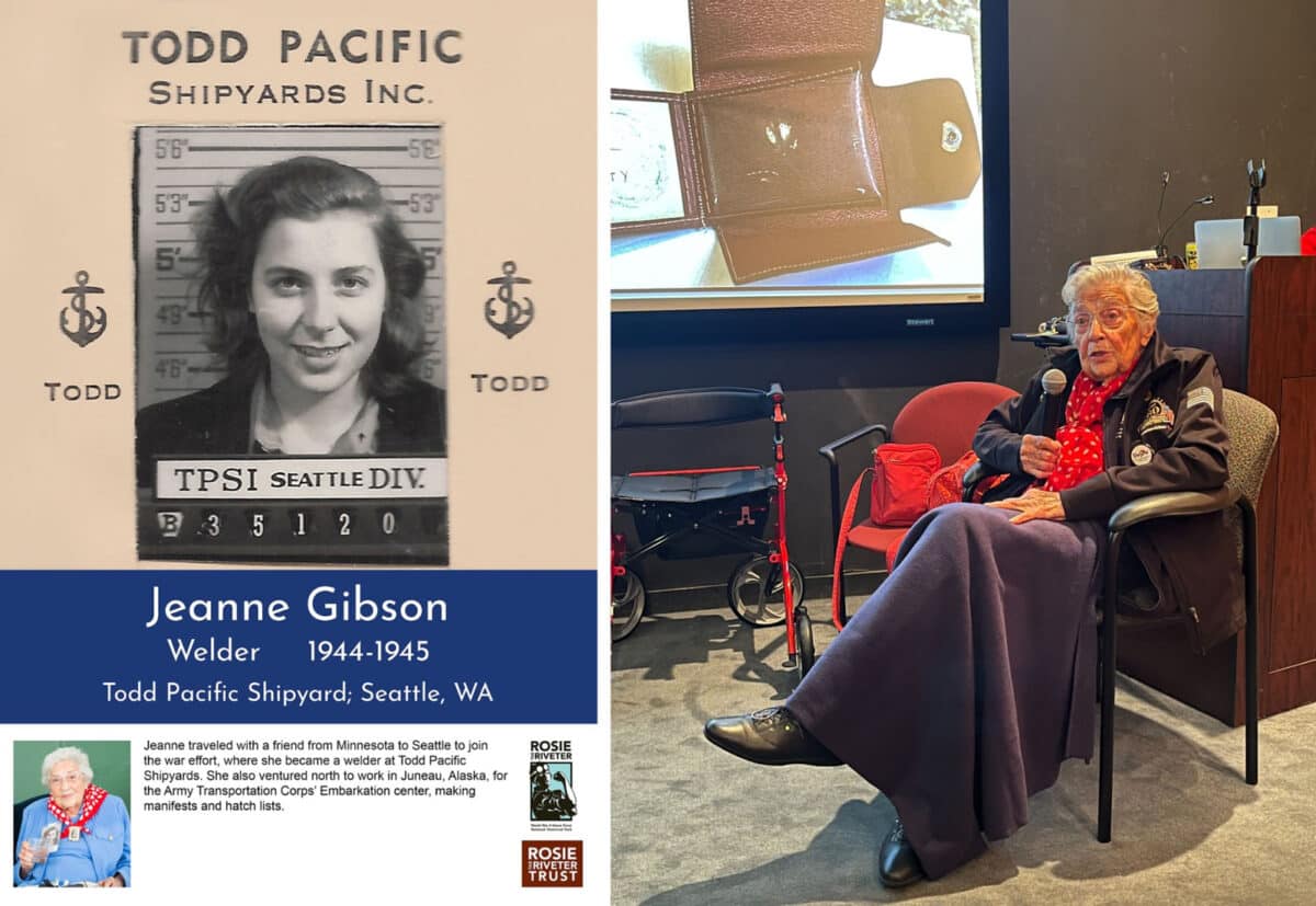 Alameda Post - a photo of a museum display of a young Jeanne Gibson and a modern photo of an older Jeanne speaking into a microphone while seated with a blanket over her legs