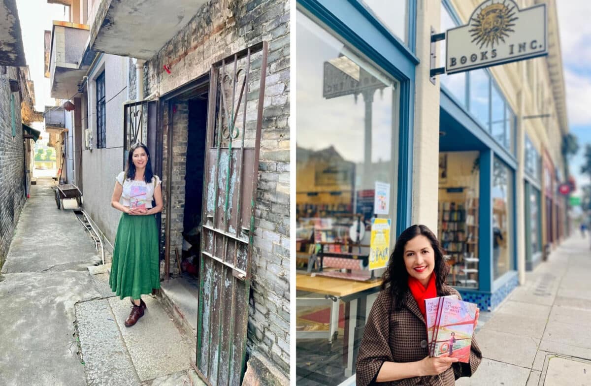 Alameda Post - on the left, a woman stands in front of an old entryway in a village, and on the right, she holds "The Strength of Water" in front of Books, Inc.