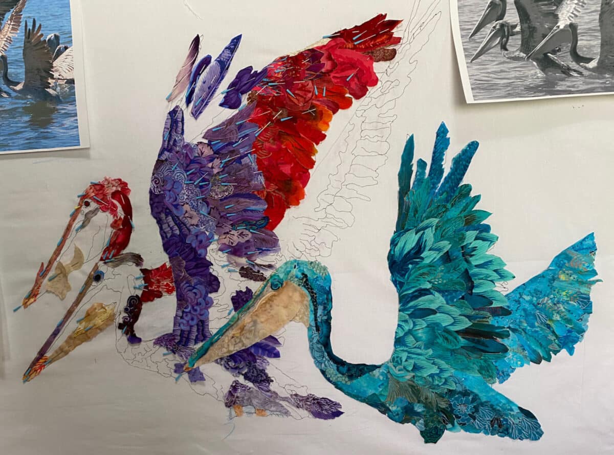 Alameda Post - A work in progress of a quilt of pelicans. 