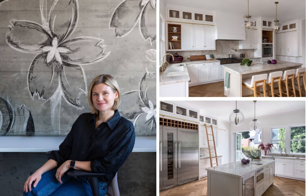 Alameda Post -a professional photo of a woman seated in a chair, and two photos of a luxurious and modern kitchen at 921 Grand Street. The new kitchen is full of natural light, and it was designed with light colored, natural, and metal finishes.