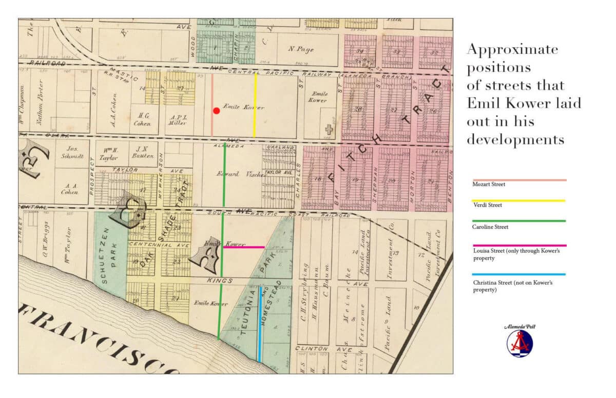 Alameda Post - a map of Alameda with annotations. The title says "Approximate positions of streets that Emil Kower laid out in his developments." It includes Mozart, Verdi, Caroline, Louisa, and Christina Streets.